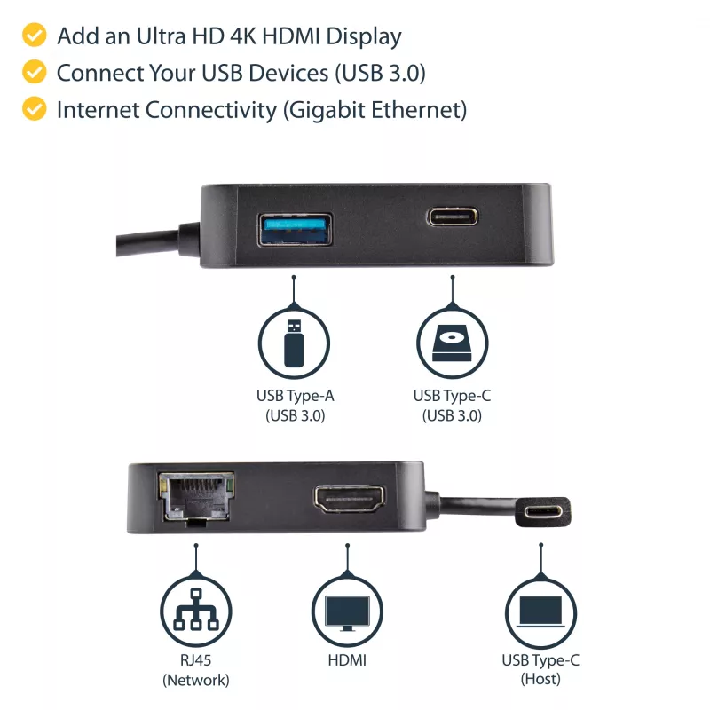 Adaptador multiporta USB-C StarTech.com – mini dock USB-C portátil com vídeo 4K-HDMI – Gigabit Ethernet, hub USB 3.0 (1x USB-A, 1x USB-C) – adaptador multiporta USB Type-C – compatível com Thunderbolt 3