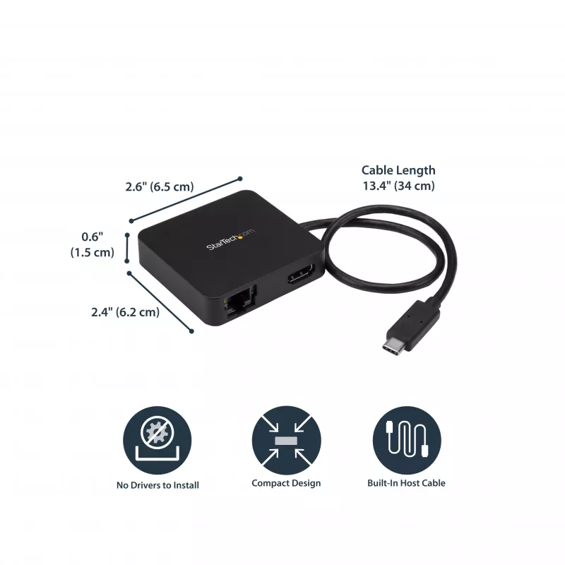 Adaptador multiporta USB-C StarTech.com – mini dock USB-C portátil com vídeo 4K-HDMI – Gigabit Ethernet, hub USB 3.0 (1x USB-A, 1x USB-C) – adaptador multiporta USB Type-C – compatível com Thunderbolt 3