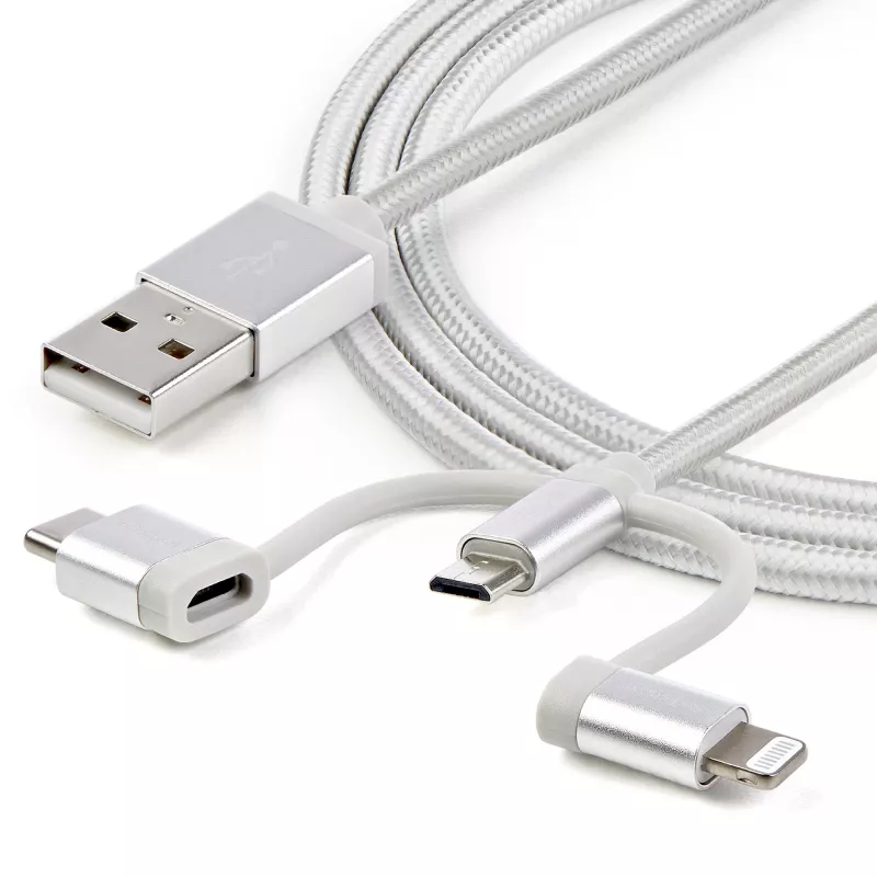 Cabo de carregamento múltiplo USB StarTech.com de 1 m – USB para Micro-USB ou USB-C ou Lightning para iPhone/iPad/iPod/Android – certificado Apple MFi – carregador USB 3 em 1 – entrançado