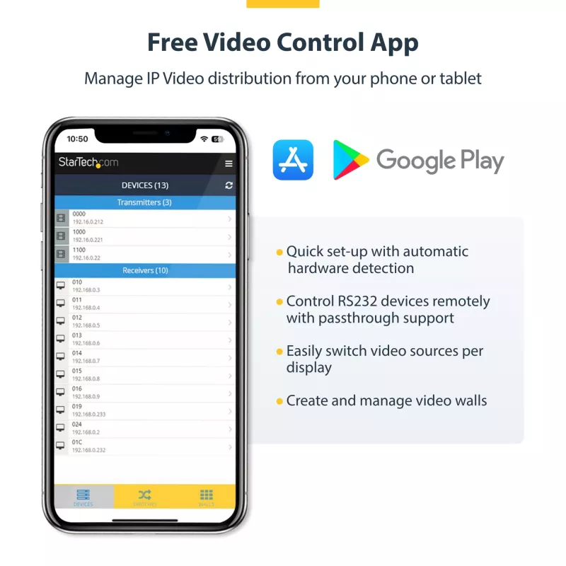 Kit extensor HDMI over IP 4K StarTech.com com Video Control App, AV over IP escalável com suporte para parede de vídeo AVoIP