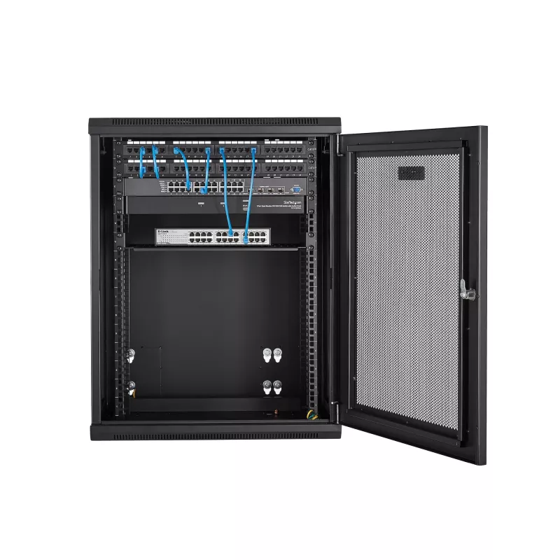 Armário de rede de montagem na parede 4 postes 15U StarTech.com com prateleira 1U, armário de servidor de montagem na parede rebatível 19 polegadas para equipamentos de dados/AV/eletrónica/computadores, caixa de rack ventilada flexível