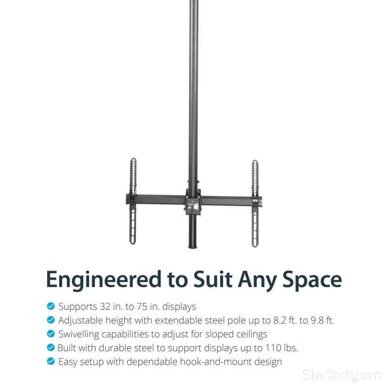 Suporte de teto para TV StarTech.com – suporte de suspensão universal totalmente articulado para um ecrã com mastro telescópico longo ajustável – inclinação/rotação – suporte VESA para ecrãs de 32–75 polegadas