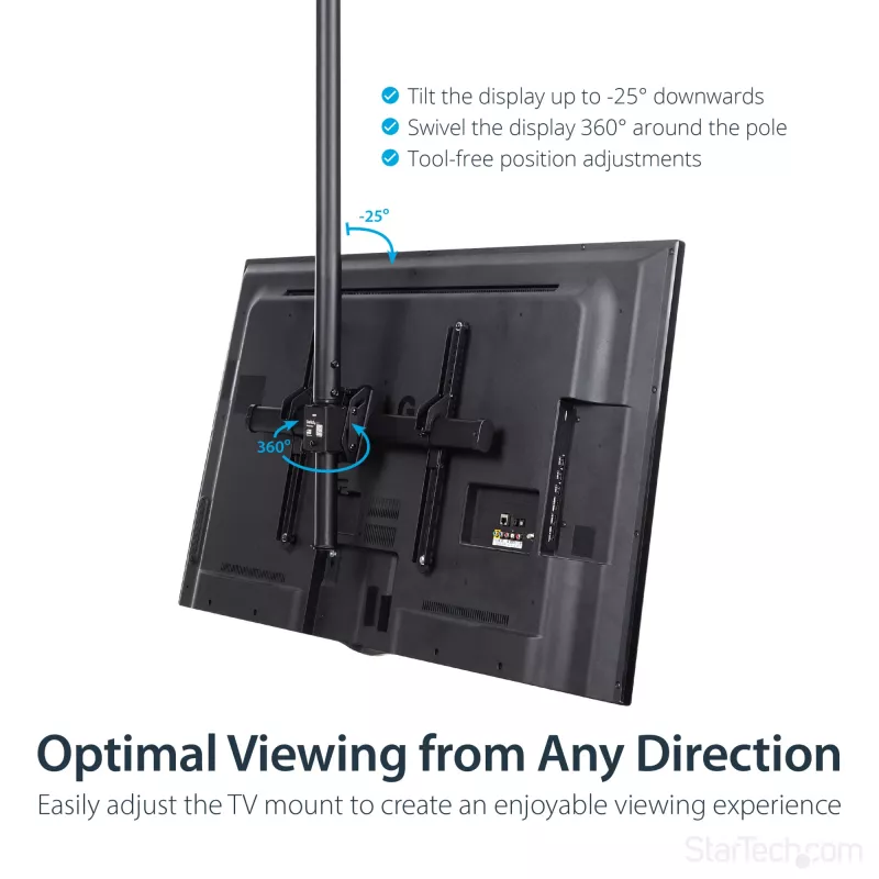 Suporte de teto para TV StarTech.com – suporte de suspensão universal totalmente articulado para um ecrã com mastro telescópico longo ajustável – inclinação/rotação – suporte VESA para ecrãs de 32–75 polegadas
