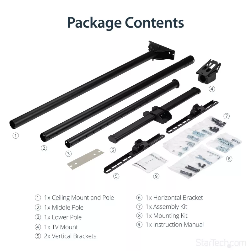 Suporte de teto para TV StarTech.com – suporte de suspensão universal totalmente articulado para um ecrã com mastro telescópico longo ajustável – inclinação/rotação – suporte VESA para ecrãs de 32–75 polegadas