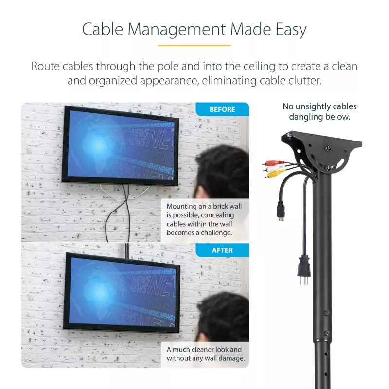 Suporte de teto para TV StarTech.com – suporte de suspensão universal totalmente articulado para um ecrã com mastro telescópico longo ajustável – inclinação/rotação – suporte VESA para ecrãs de 32–75 polegadas