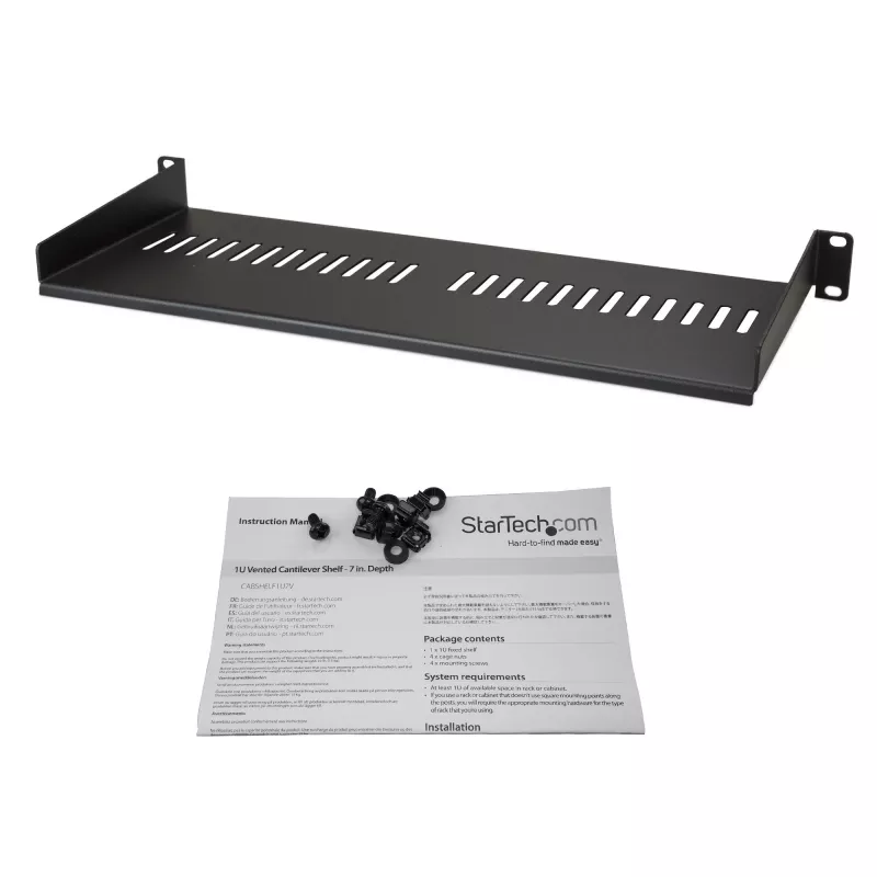 Prateleira de rack de servidor 1U StarTech.com – bandeja de montagem em rack ventilada universal para rack e armário de rede 19 polegadas – construção robusta em aço – capacidade de carga 44 lb/20 kg – prateleira de 7 polegadas de profundidade, preto