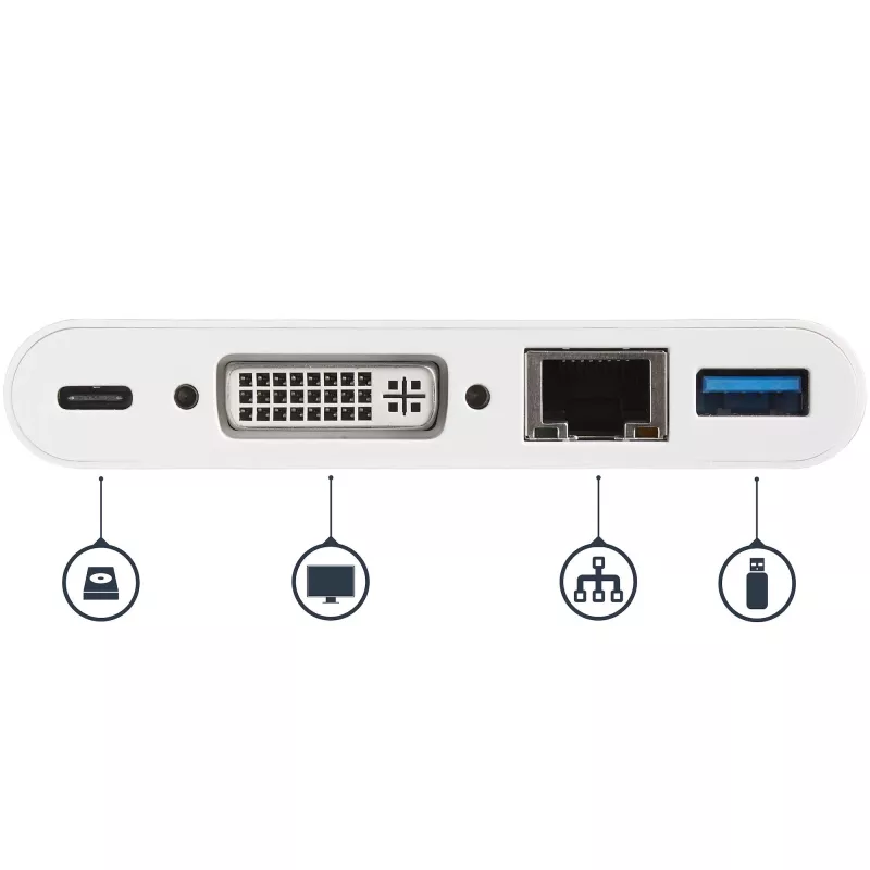 Adaptador multiportas USB-C StarTech.com – adaptador de vídeo USB-C para DVI-D (digital) com carregamento pass-through Power Delivery 60 W, GbE, USB-A – mini docking station portátil para portáteis USB Type-C/Thunderbolt 3
