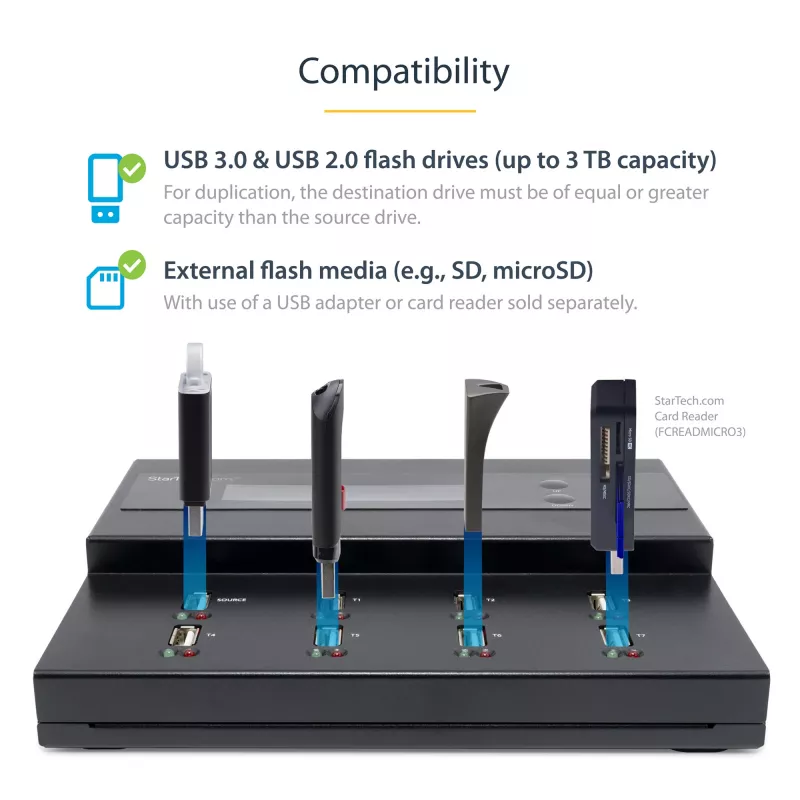 Duplicador e apagador de pen drives USB autónomo 1 para 7 StarTech.com, copiador de várias pen drives USB, cópia de sistema e ficheiros e de disco completo a 1,5 GB/min, apagamento simples e de 3 passagens, ecrã LCD – TAA