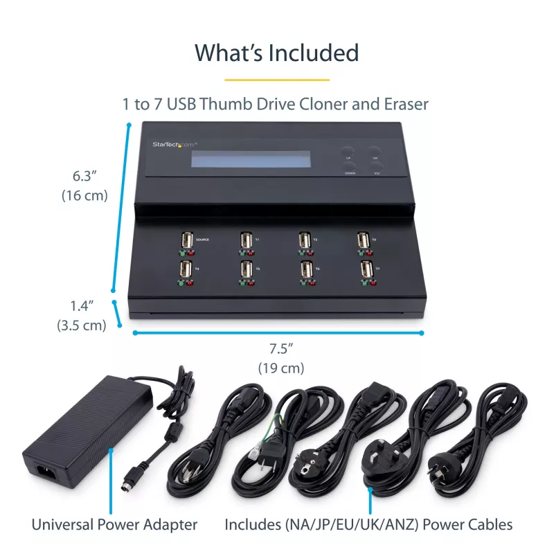 Duplicador e apagador de pen drives USB autónomo 1 para 7 StarTech.com, copiador de várias pen drives USB, cópia de sistema e ficheiros e de disco completo a 1,5 GB/min, apagamento simples e de 3 passagens, ecrã LCD – TAA