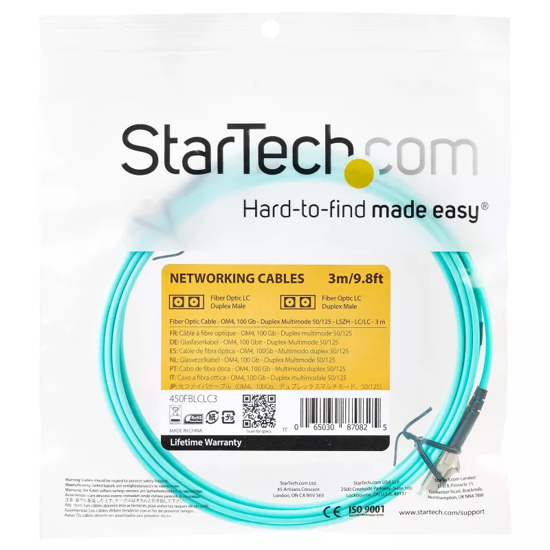 Cabo de fibra ótica multimodo OM4 LC/UPC para LC/UPC StarTech.com de 3 m (10 ft), fibra zipcord LOMMF/VCSEL 50/125 µm, 100G, baixa atenuação de inserção – cabo jumper de fibra ótica LSZH