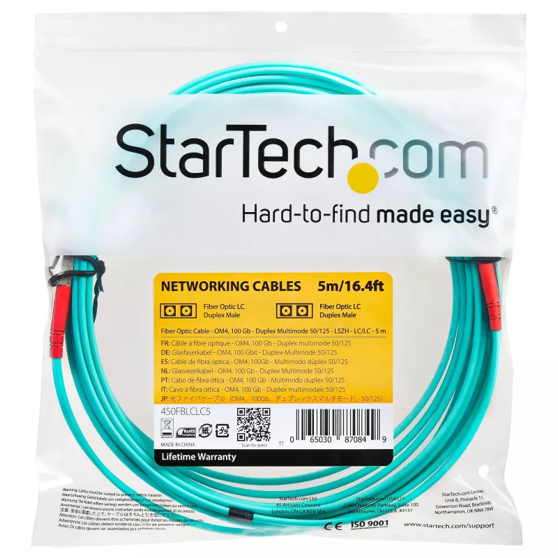 Cabo de fibra ótica multimodo OM4 LC/UPC para LC/UPC StarTech.com de 5 m (16,4 ft), fibra zipcord LOMMF/VCSEL 50/125 µm, 100G, baixa atenuação de inserção – cabo patch de fibra ótica LSZH