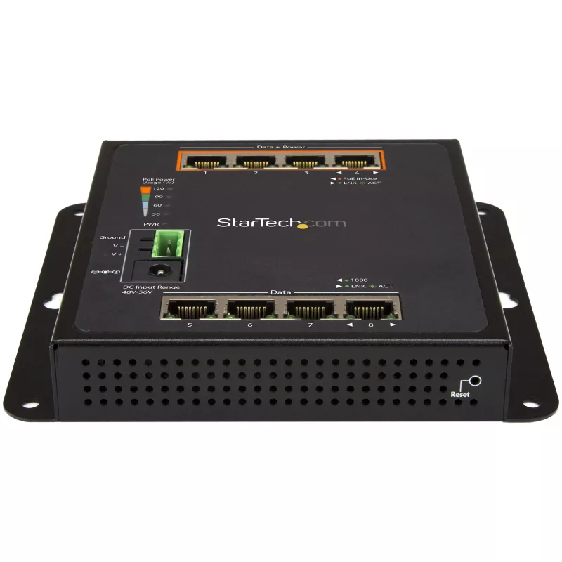 Switch PoE Gigabit Industrial de 8 portas StarTech.com – 4 x PoE+ 30W – Power Over Ethernet – switch gerido GbE Layer/L2 reforçado – switch de rede Gigabit robusto de alto desempenho IP-30/-40 °C a +75 °C – TAA