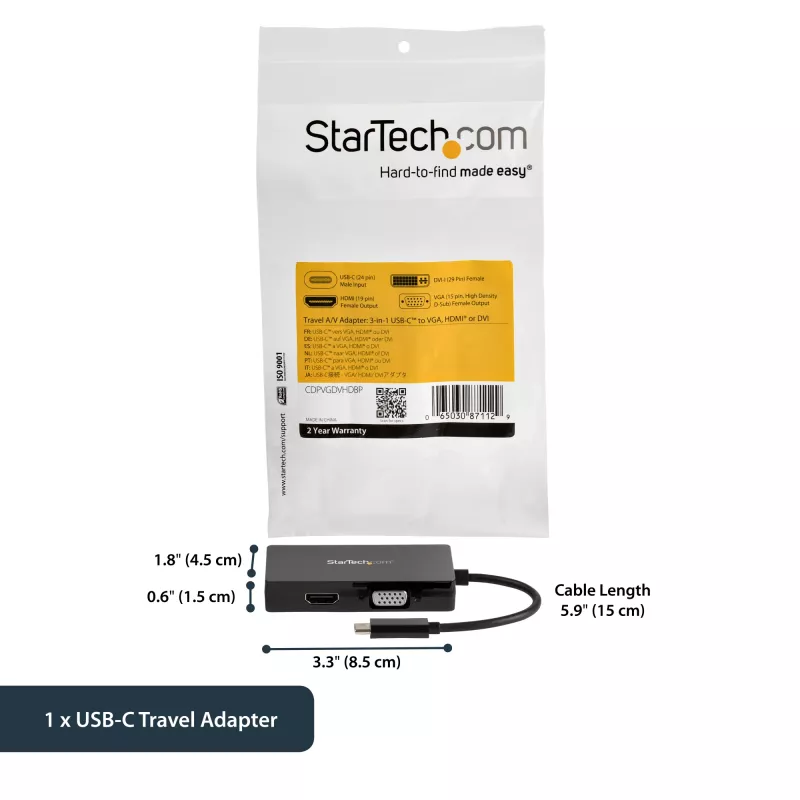 Adaptador de vídeo multiportas USB-C StarTech.com – 3 em 1 – 4K 30 Hz – preto