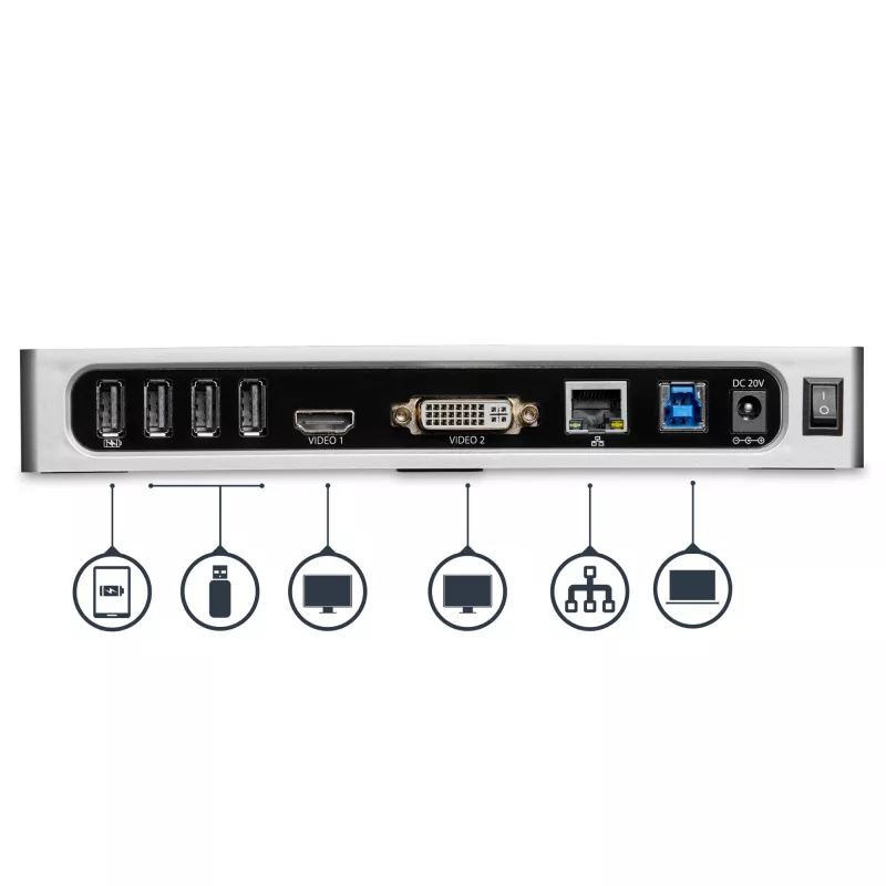 Docking station USB 3.0 StarTech.com – docking station para portátil com monitor duplo com vídeo HDMI e DVI/VGA – hub USB 3.1 Gen 1 5 Gbps de 6 portas, GbE, áudio – dock universal Type-A – Windows e Mac