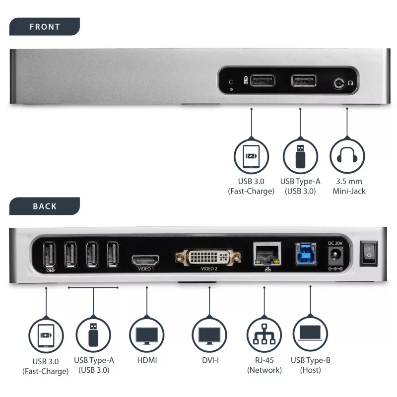 Docking station USB 3.0 StarTech.com – docking station para portátil com monitor duplo com vídeo HDMI e DVI/VGA – hub USB 3.1 Gen 1 5 Gbps de 6 portas, GbE, áudio – dock universal Type-A – Windows e Mac