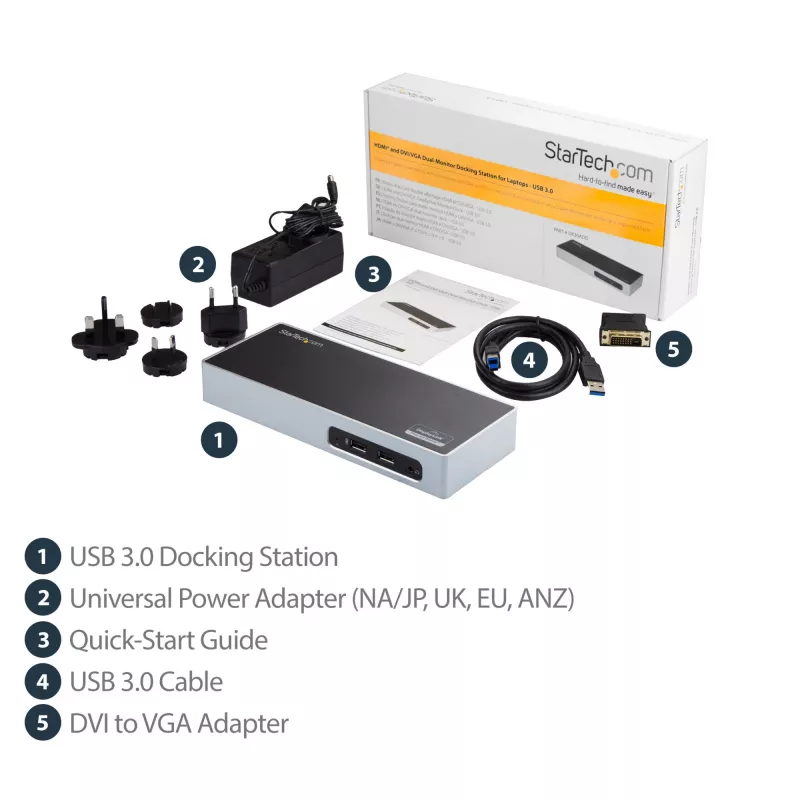 Docking station USB 3.0 StarTech.com – docking station para portátil com monitor duplo com vídeo HDMI e DVI/VGA – hub USB 3.1 Gen 1 5 Gbps de 6 portas, GbE, áudio – dock universal Type-A – Windows e Mac