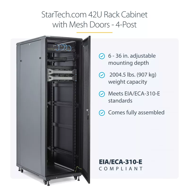 Armário de servidor 4 postes 42U StarTech.com, armário de dados 19 polegadas para montagem de equipamento de computador/AV/TI, caixa de armário de servidor com rodas, armazenamento de rede industrial completo