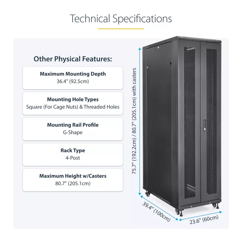 Armário de servidor 4 postes 42U StarTech.com, armário de dados 19 polegadas para montagem de equipamento de computador/AV/TI, caixa de armário de servidor com rodas, armazenamento de rede industrial completo