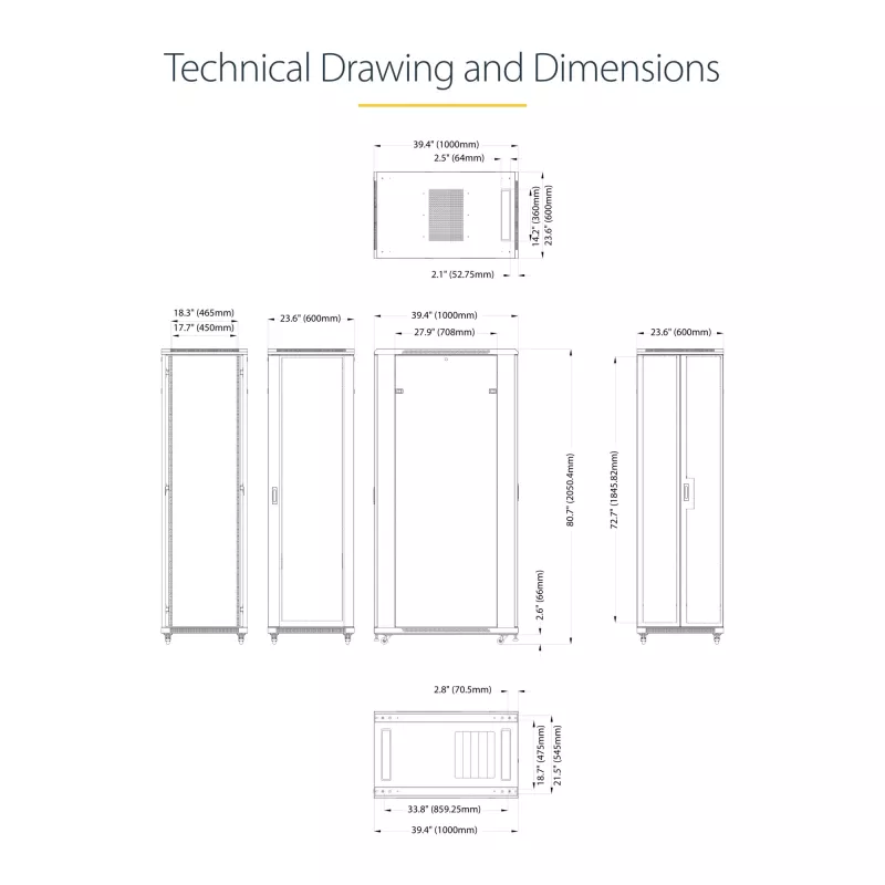 Armário de servidor 4 postes 42U StarTech.com, armário de dados 19 polegadas para montagem de equipamento de computador/AV/TI, caixa de armário de servidor com rodas, armazenamento de rede industrial completo