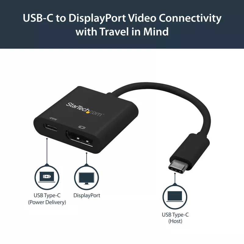 StarTech.com Adaptador USB-C para DisplayPort com Power Delivery – 4K 60Hz HBR2 – Conversor de vídeo USB Type-C para monitor DP 1.2 com carregamento – 60W PD Passthrough – Compatível com Thunderbolt 3