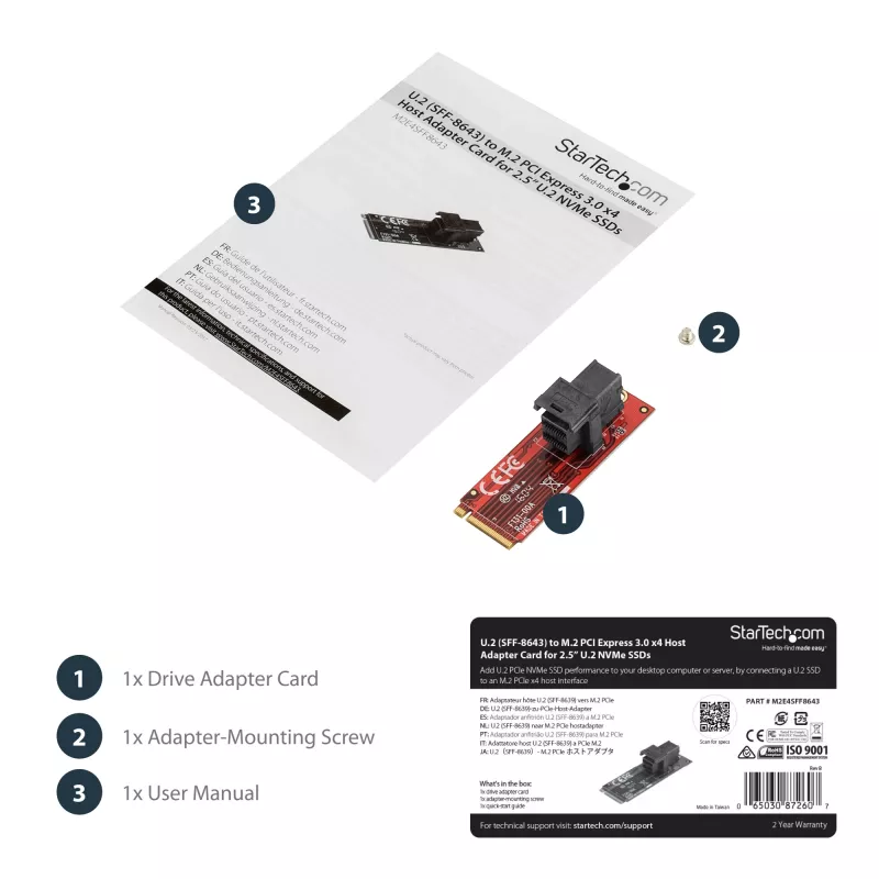 StarTech.com Placa adaptadora host U.2 (SFF-8643) para M.2 PCI Express 3.0 x4 para SSD U.2 NVMe de 2,5”