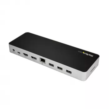 StarTech.com Dock USB-C – HDMI e DisplayPort para monitor duplo 4K 30 Hz – Docking station para portátil USB Type-C 60 W Power Delivery, SD, hub USB-A 3.0 de 4 portas, GbE, Áudio – Compatível com Thunderbolt 3
