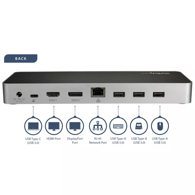 StarTech.com Dock USB-C – HDMI e DisplayPort para monitor duplo 4K 30 Hz – Docking station para portátil USB Type-C 60 W Power Delivery, SD, hub USB-A 3.0 de 4 portas, GbE, Áudio – Compatível com Thunderbolt 3