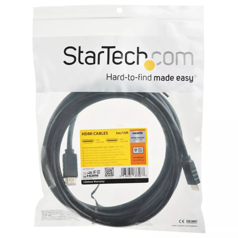 StarTech.com Cabo HDMI 2.0 Premium certificado de 4,6 m (15 pés) com Ethernet – Cabo HDMI High Speed Ultra HD 4K 60Hz HDR10 – Cabo HDMI longo (macho/macho) – Para monitores UHD, televisores, ecrãs