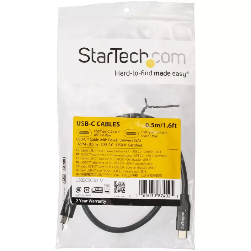 StarTech.com Cabo USB-C para USB-C com 5A PD - M/M - 0,5 m - USB 2.0 - Certificado USB-IF