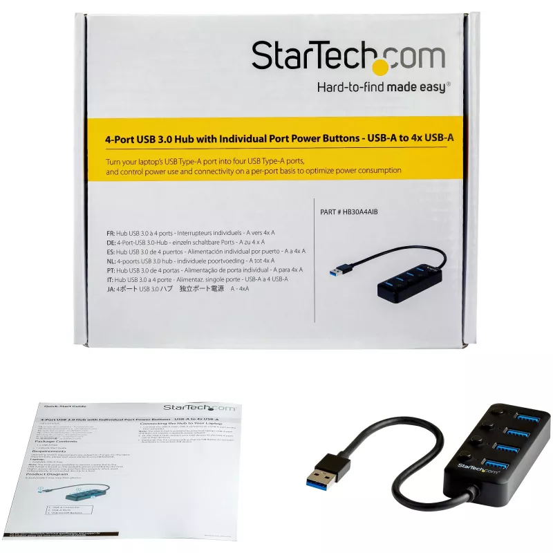 StarTech.com Hub USB 3.0 de 4 portas – USB-A para 4x USB 3.0 Tipo A com interruptores individuais de ligar/desligar por porta – SuperSpeed 5 Gbit/s USB 3.1/3.2 Gen 1 – alimentado por barramento USB – portátil – cabo fixo de 25 cm~Hub USB 3.0 de 4 portas – USB-A para 4x USB 3.0 Tipo A com interruptores individuais de ligar/desligar por porta – SuperSpeed USB 3.2 Gen 1 (5 Gbit/s) – alimentado por