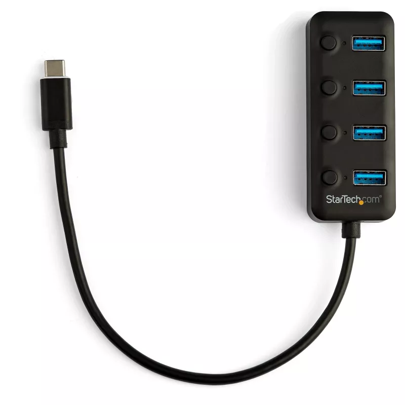 StarTech.com Hub USB-C de 4 portas – USB-C para 4x portas USB 3.0 Type-A com interruptores individuais de ligar/desligar – SuperSpeed 5 Gbit/s USB 3.1/3.2 Gen 1 – Alimentado por barramento USB – Portátil – Cabo fixo de 25 cm