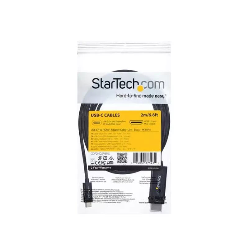 StarTech.com 1,8 m (6 ft.) Cabo USB-C para HDMI – 4K 60 Hz Cabo Adaptador de Vídeo USB Type-C para HDMI 2.0 – Compatível com Thunderbolt 3 – Portátil para Monitor/Display HDMI – DP 1.2 Alt Mode HBR2 – Preto