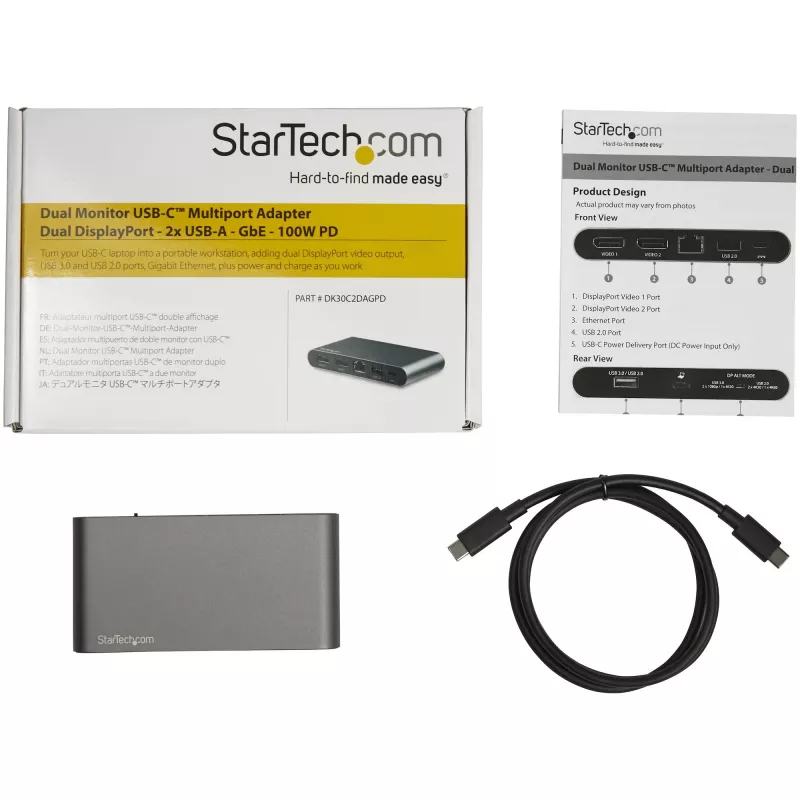 StarTech.com Dock USB-C – DisplayPort para Dois Monitores 4K – Mini Dock para Portátil – Passagem de Power Delivery 100 W – GbE, Hub USB-A de 2 Portas – Adaptador Multiportas USB Type-C – Cabo de 1 m