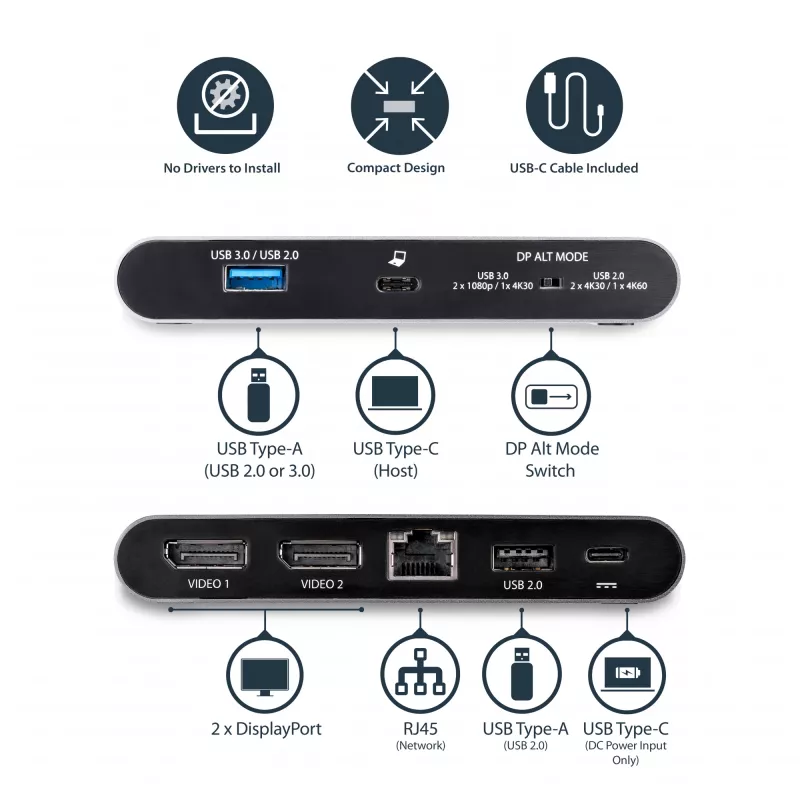 StarTech.com Dock USB-C – DisplayPort para Dois Monitores 4K – Mini Dock para Portátil – Passagem de Power Delivery 100 W – GbE, Hub USB-A de 2 Portas – Adaptador Multiportas USB Type-C – Cabo de 1 m