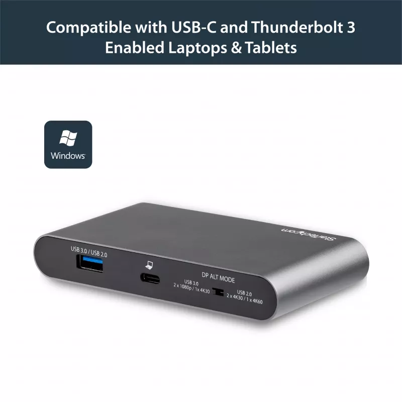 StarTech.com Dock USB-C – DisplayPort para Dois Monitores 4K – Mini Dock para Portátil – Passagem de Power Delivery 100 W – GbE, Hub USB-A de 2 Portas – Adaptador Multiportas USB Type-C – Cabo de 1 m