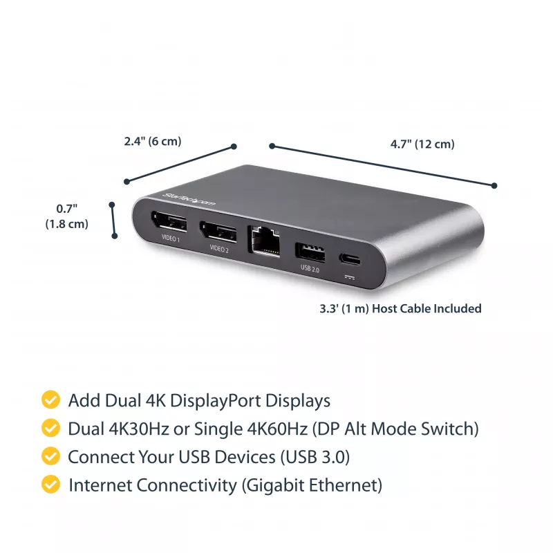 StarTech.com Dock USB-C – DisplayPort para Dois Monitores 4K – Mini Dock para Portátil – Passagem de Power Delivery 100 W – GbE, Hub USB-A de 2 Portas – Adaptador Multiportas USB Type-C – Cabo de 1 m