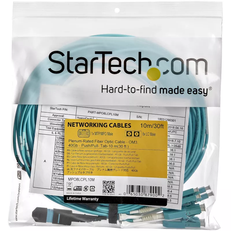 StarTech.com 10m (30ft) Cabo de Fibra Ótica Multimodo OM3 MTP(F)/PC para 4x LC/PC Duplex Breakout, OFNP Plenum, Redes 40G, Baixa Perda de Inserção - Cabo Jumper de Fibra Ótica