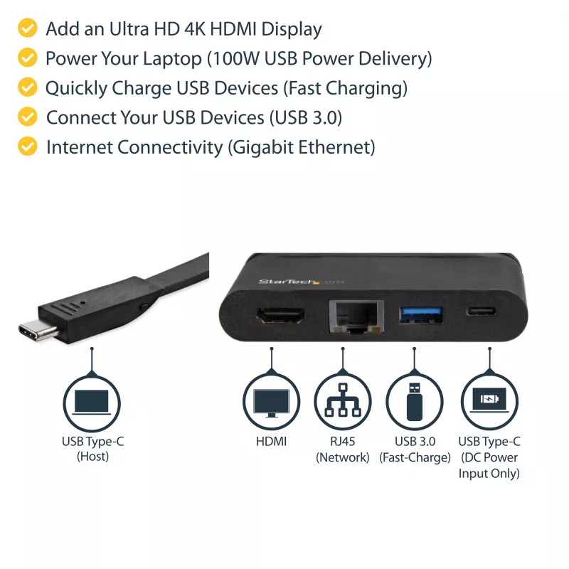 StarTech.com Adaptador Multiportas USB-C - Dock USB-C Portátil com HDMI 4K - Passagem PD 3.0 100W, 1x USB-A, 1x USB-C, GbE - Dock de Viagem para Portátil Thunderbolt 3 & USB Type-C - Mac & Windows
