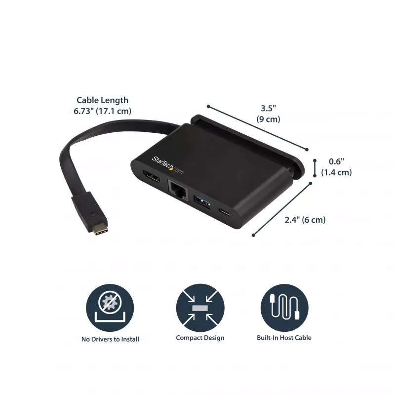 StarTech.com Adaptador Multiportas USB-C - Dock USB-C Portátil com HDMI 4K - Passagem PD 3.0 100W, 1x USB-A, 1x USB-C, GbE - Dock de Viagem para Portátil Thunderbolt 3 & USB Type-C - Mac & Windows