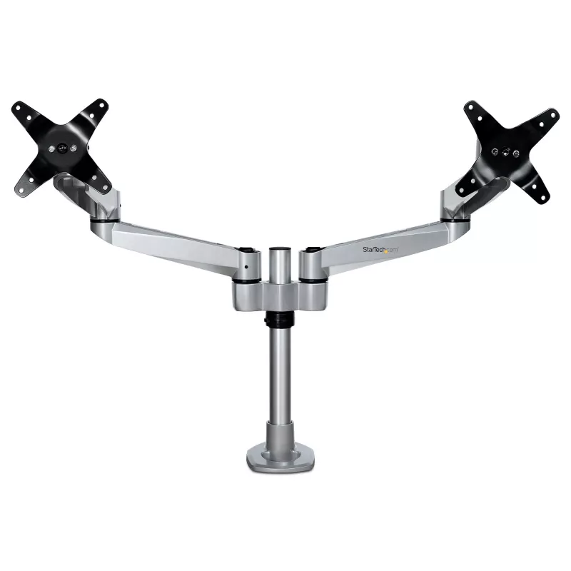 StarTech.com Suporte de Mesa para Dois Monitores – Braço de Monitor Articulado Premium – Monitores VESA até 30 polegadas – Suporte de Monitor Ajustável em Altura – Rotativo/Inclinável/Orientável – Grampo/Passagem de Mesa – Prateado