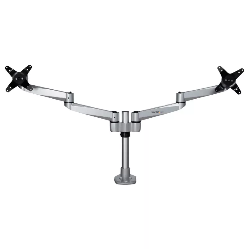 StarTech.com Suporte de Mesa para Dois Monitores – Braço de Monitor Articulado Premium – Monitores VESA até 30 polegadas – Suporte de Monitor Ajustável em Altura – Rotativo/Inclinável/Orientável – Grampo/Passagem de Mesa – Prateado