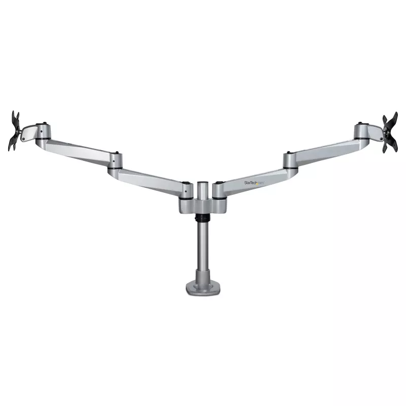 StarTech.com Suporte de Mesa para Dois Monitores – Braço de Monitor Articulado Premium – Monitores VESA até 30 polegadas – Suporte de Monitor Ajustável em Altura – Rotativo/Inclinável/Orientável – Grampo/Passagem de Mesa – Prateado
