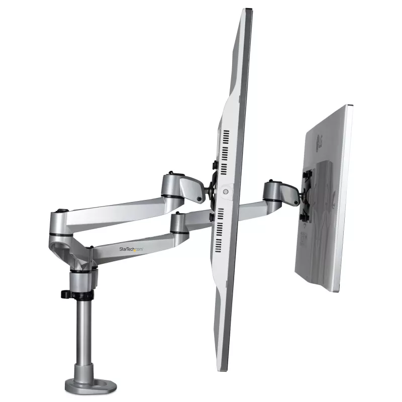 StarTech.com Suporte de Mesa para Dois Monitores – Braço de Monitor Articulado Premium – Monitores VESA até 30 polegadas – Suporte de Monitor Ajustável em Altura – Rotativo/Inclinável/Orientável – Grampo/Passagem de Mesa – Prateado