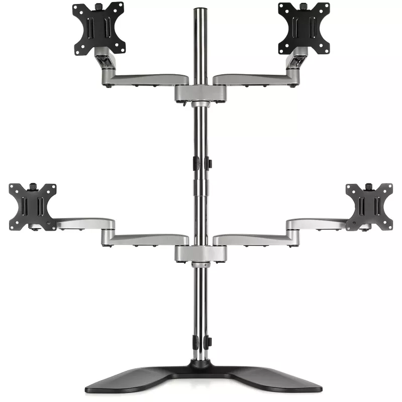 StarTech.com Suporte de Secretária para Quatro Monitores - Braço Ergonómico VESA para 4 Monitores (2x2) até 32 Polegadas - Suporte de Montagem em Mastro Universal Ajustável Autónomo - Ajustável em Altura/Inclinável/Orientável/Rotativo - Prateado