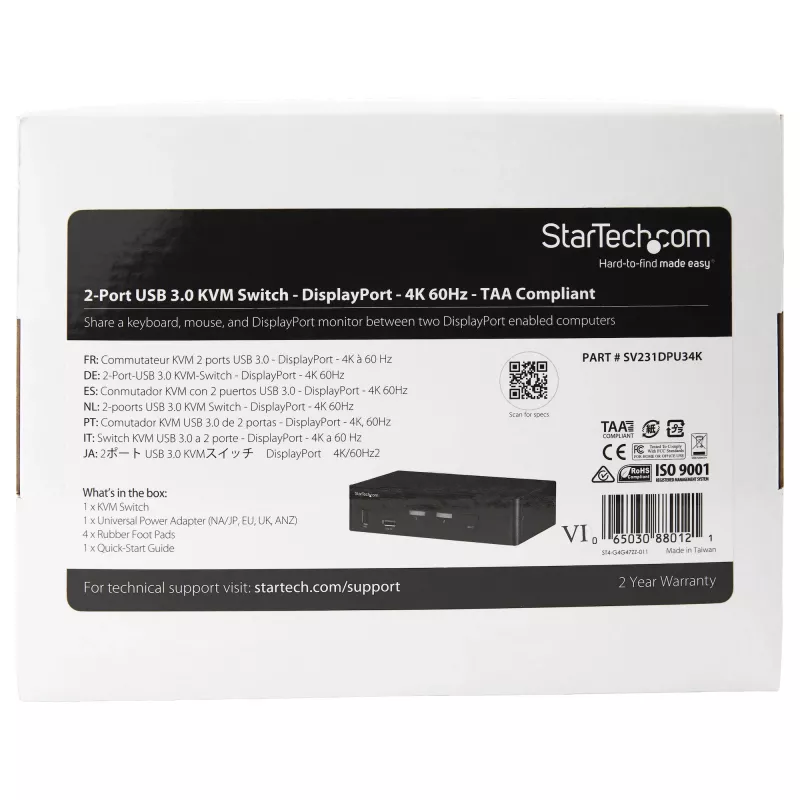 StarTech.com Switch KVM DisplayPort de 2 Portas - 4K 60Hz - Ecrã Único - Switch KVM USB DP 1.2 UHD de Duas Portas com Hub USB 3.0 & Áudio Integrados - Dell HP Apple Lenovo - Conforme TAA