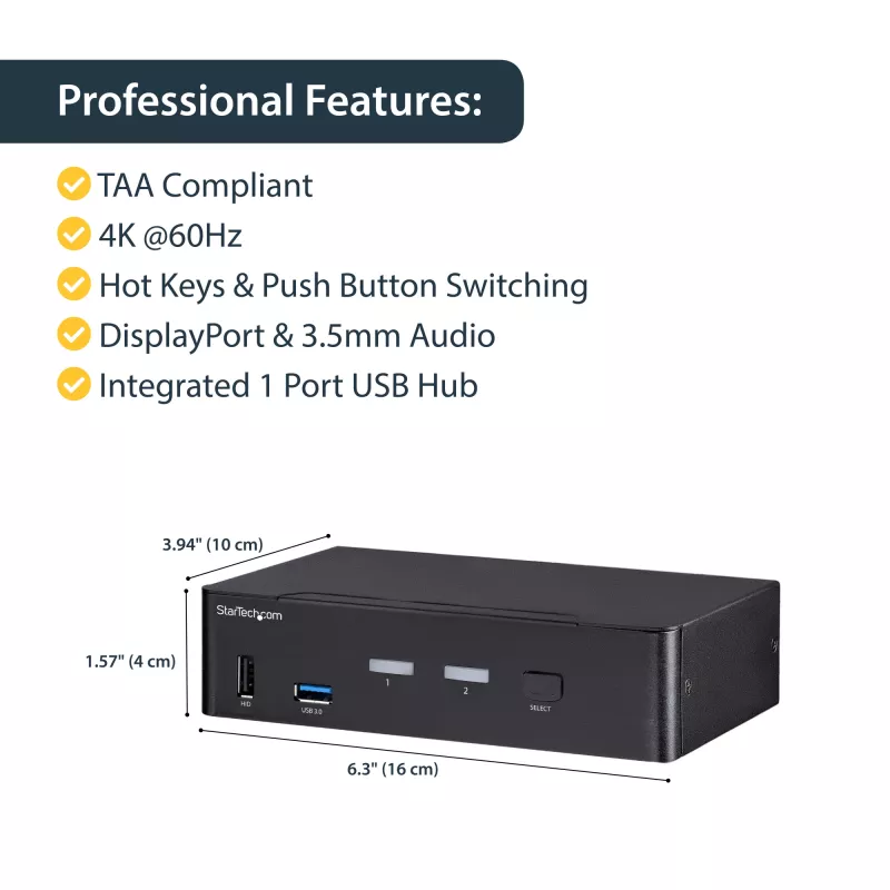StarTech.com Switch KVM DisplayPort de 2 Portas - 4K 60Hz - Ecrã Único - Switch KVM USB DP 1.2 UHD de Duas Portas com Hub USB 3.0 & Áudio Integrados - Dell HP Apple Lenovo - Conforme TAA