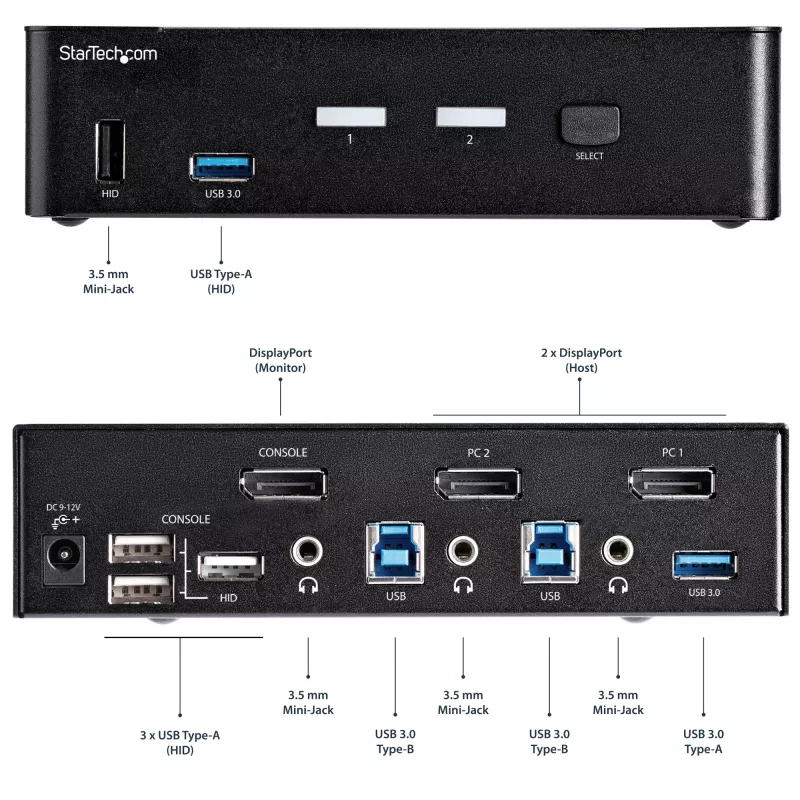 StarTech.com Switch KVM DisplayPort de 2 Portas - 4K 60Hz - Ecrã Único - Switch KVM USB DP 1.2 UHD de Duas Portas com Hub USB 3.0 & Áudio Integrados - Dell HP Apple Lenovo - Conforme TAA