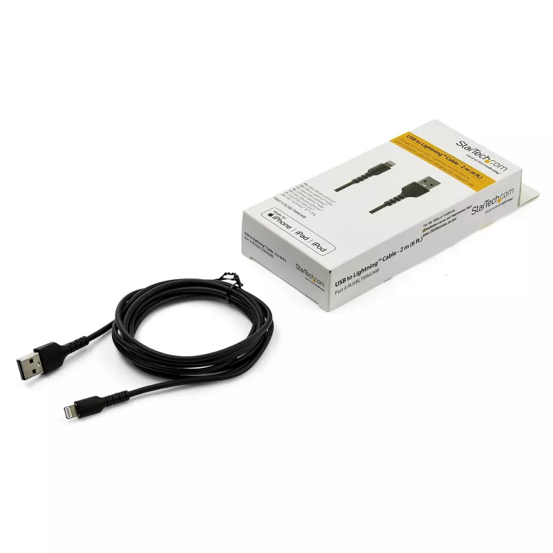 StarTech.com 6 Pés (2 m) Cabo USB-A para Lightning Preto Robusto – Cabo de Carregamento/Sincronização USB Type-A para Lightning Robusto de Fibra Aramid – Certificado Apple MFi para iPad/iPhone 12