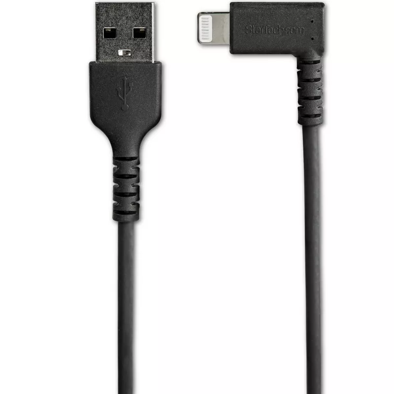 StarTech.com 1 m Cabo USB-A para Lightning Robusto – Preto, 90° Angular, Resistente, Reforçado com Fibra Aramid, Cabo de Carregamento/Sincronização USB Type-A para Lightning – Certificado Apple MFi – iPhone