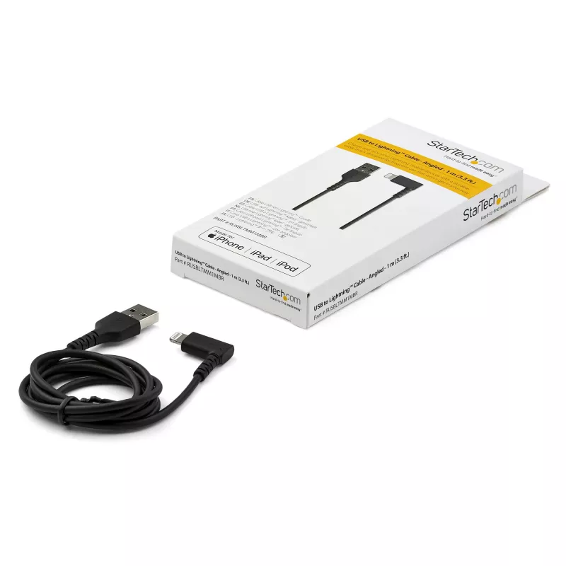 StarTech.com 1 m Cabo USB-A para Lightning Robusto – Preto, 90° Angular, Resistente, Reforçado com Fibra Aramid, Cabo de Carregamento/Sincronização USB Type-A para Lightning – Certificado Apple MFi – iPhone